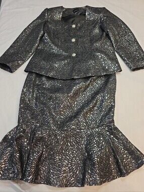 ASHRO 18W Women’s Silver Metallic Blazer & Skirt Formal Suit Cocktail Party